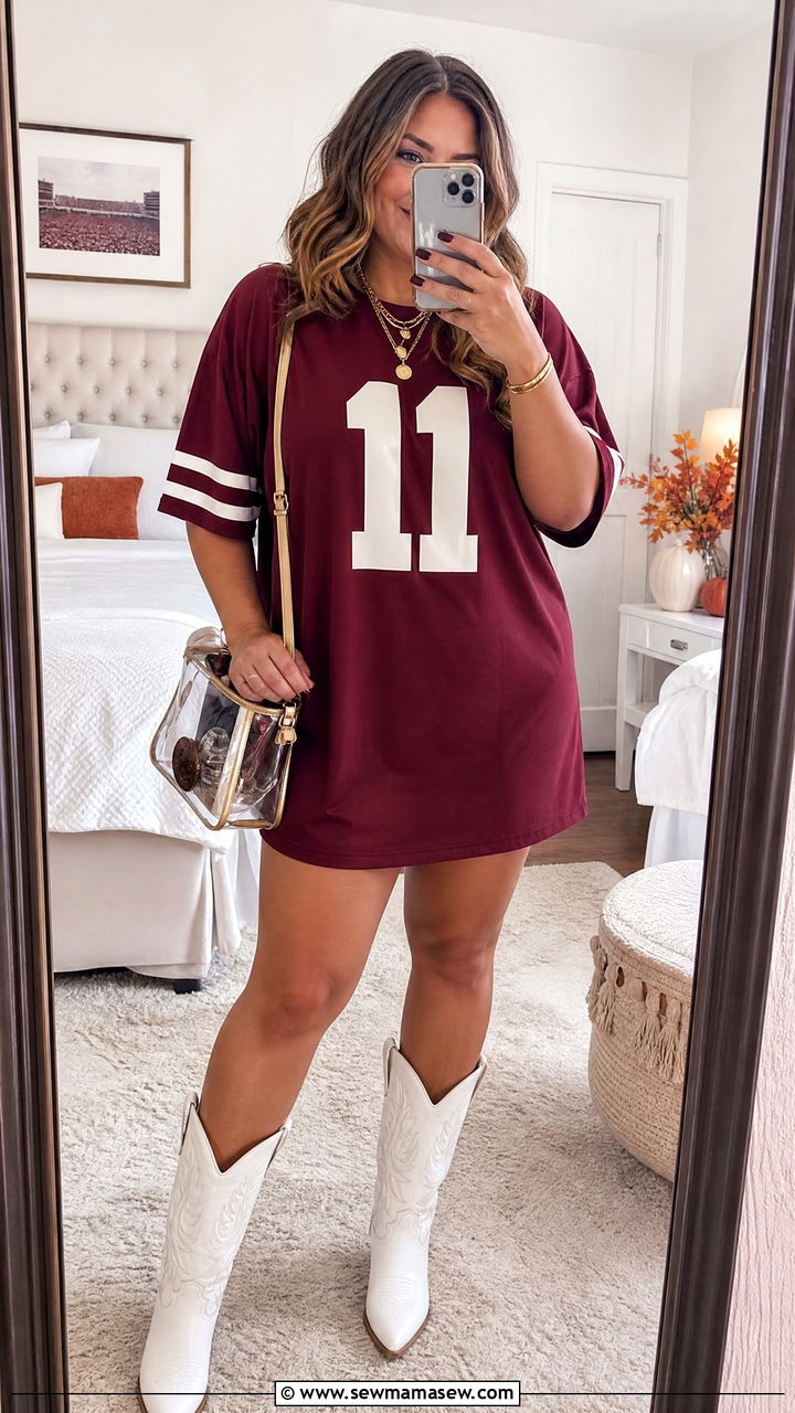 Football Jersey Dress With White Cowboy Boots - 30 Football game outfit ideas plus size