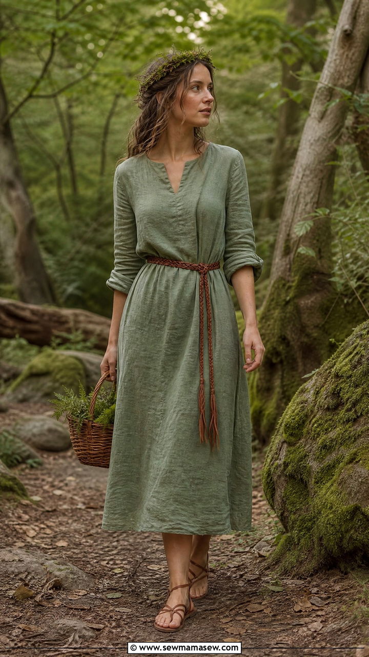 Forest Fairy Linen Dress and Leather Sandals - 30 fairycore outfits for women