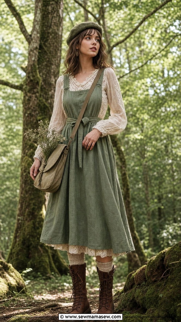 Forest Fairy Sage Linen Pinafore with Lace Blouse - 25 fairycore capsule wardrobe outfits