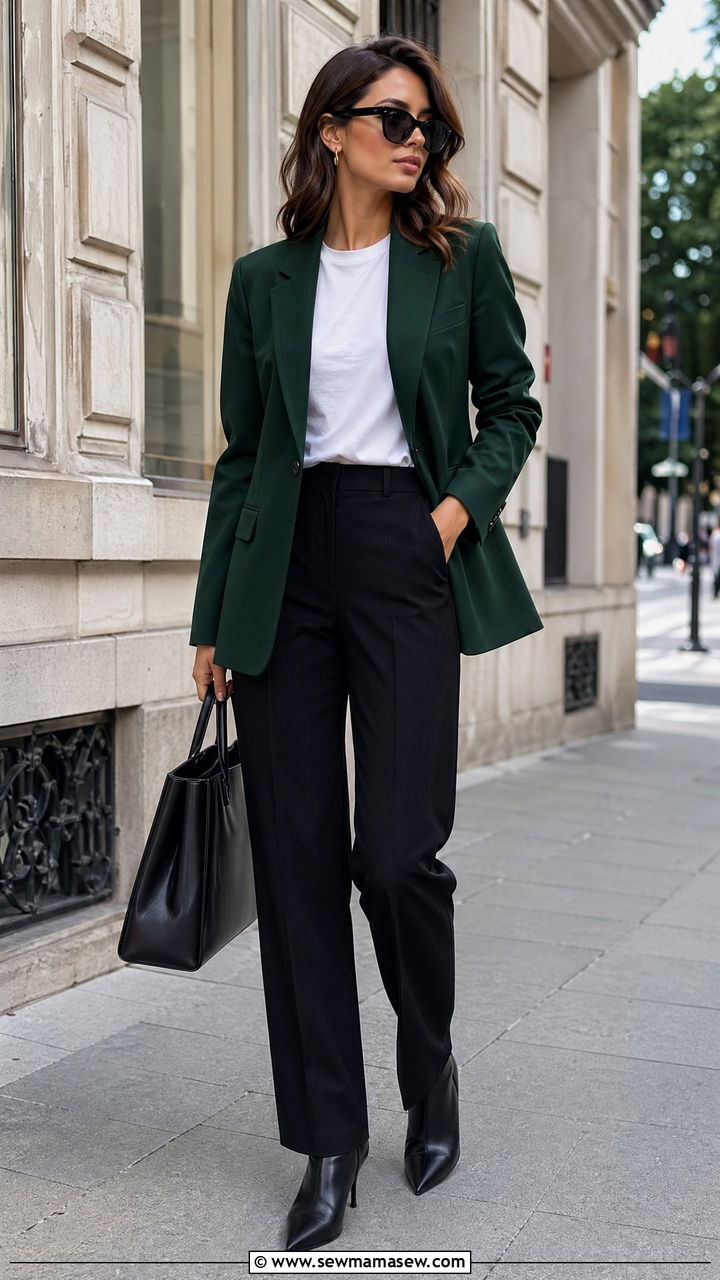 Forest Green Blazer Over A White Tee And Black Trousers - 35 Forest green outfit ideas