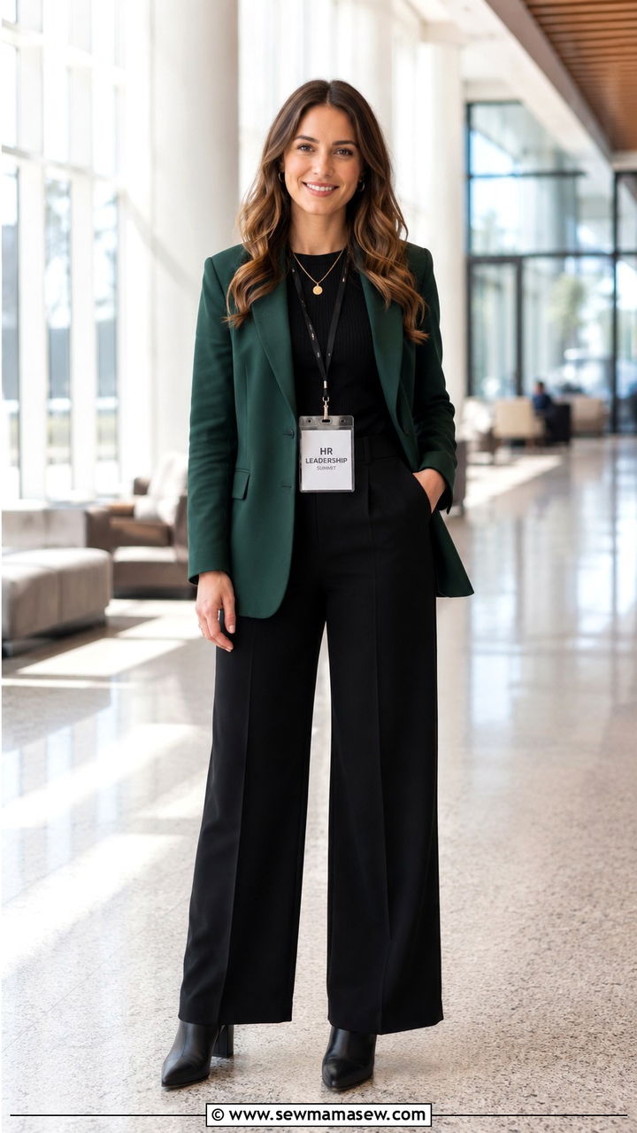 Forest Green Blazer With Black Wide Leg Trousers - 30 HR conference outfit ideas