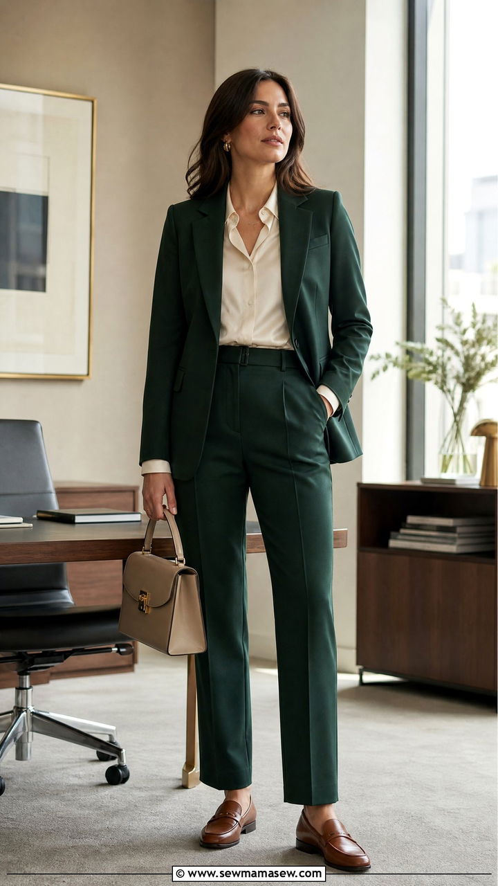 Forest Green Blazer and Trousers with Cream Shirt Outfit - 30 Old money outfit ideas for work