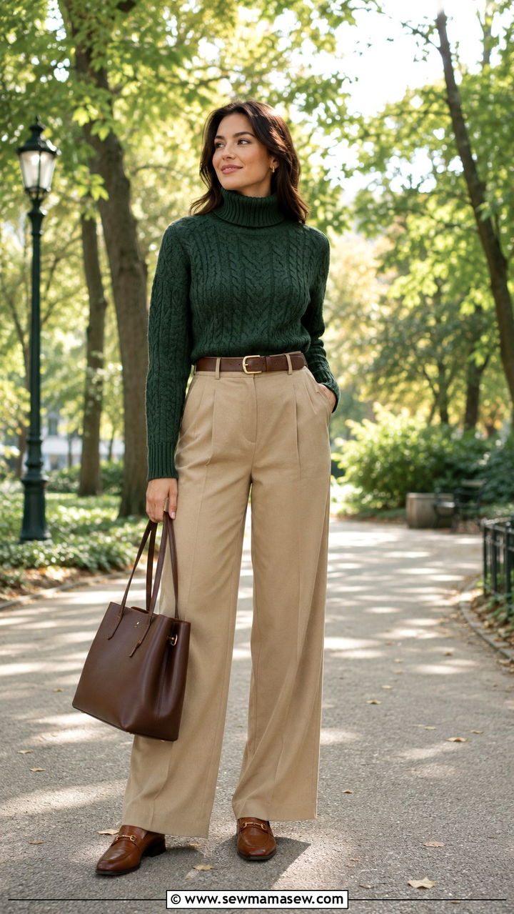 Forest Green Cable Knit Turtleneck with Khaki Wide Leg Trousers - 25 Old money outfit ideas with cable knit