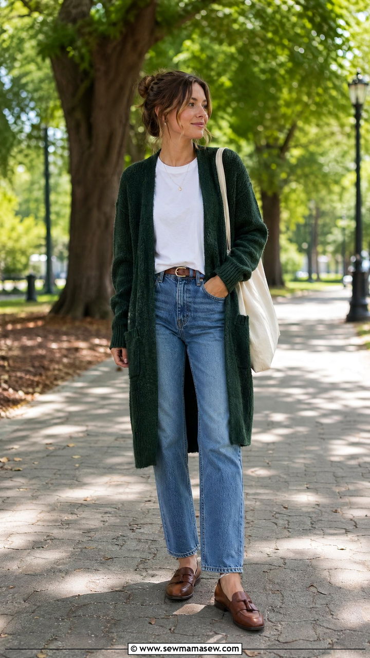 Forest Green Cardigan With A White Tee Straight Leg Jeans And Loafers - 35 Forest green outfit ideas