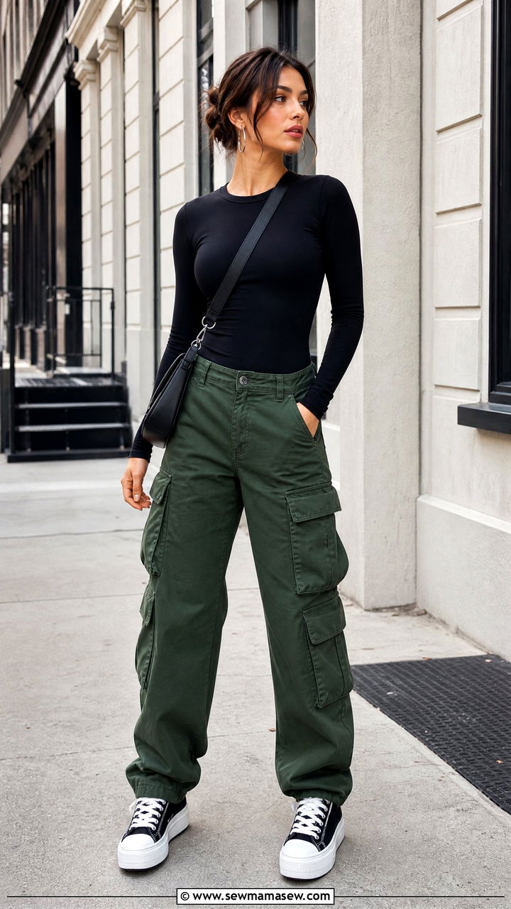 Forest Green Cargo Pants With A Black Bodysuit And Platform Sneakers - 35 Forest green outfit ideas