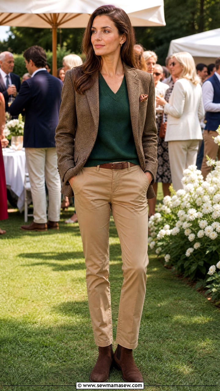 Forest Green Cashmere V Neck Under Tweed Blazer - 25 Old money outfit ideas with cashmere sweater