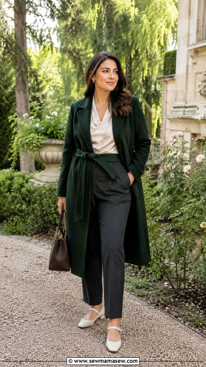 Forest Green Coat and Charcoal Trousers Outfit - 30 Old money outfits for curvy women