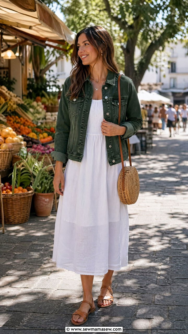 Forest Green Denim Jacket With A White Sundress And Tan Sandals - 35 Forest green outfit ideas