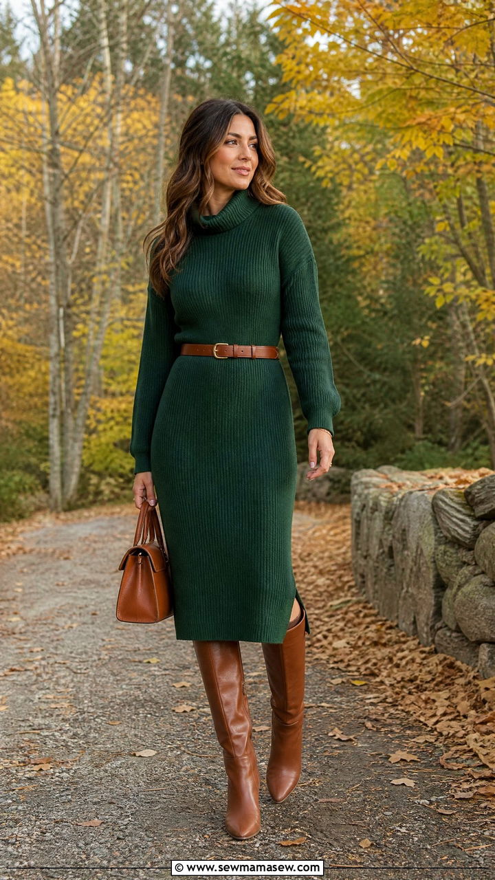 Forest Green Dress with Brown Boots - 30 Earth tone outfit ideas