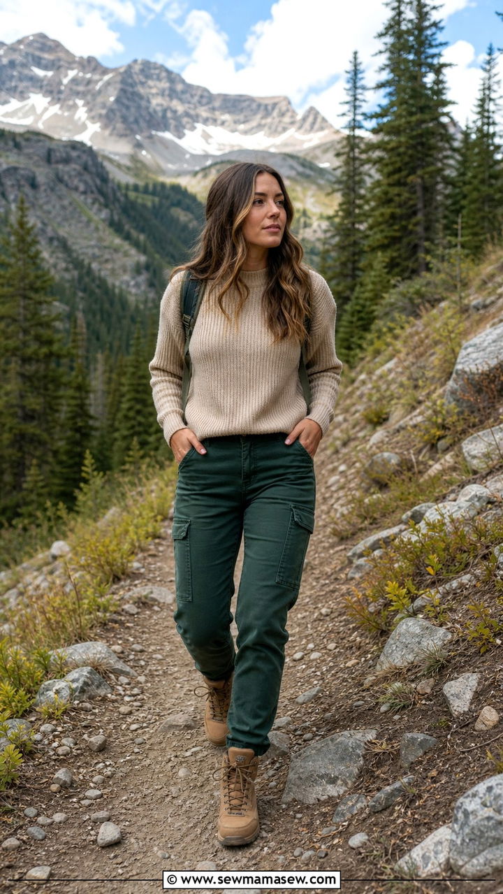 Forest Green Jeans With Beige Knit And Hiking Boots - 40 Colored jeans outfit ideas