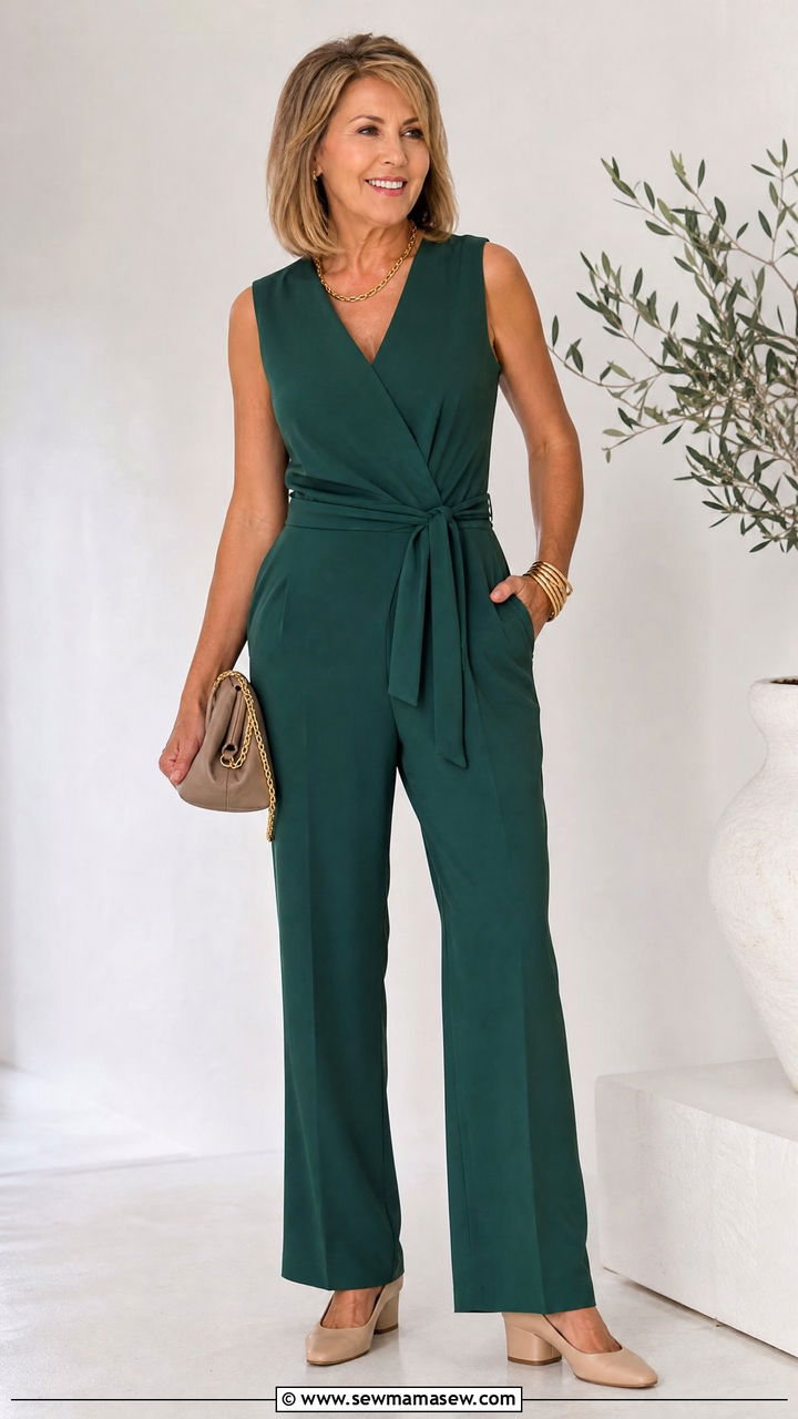 Forest Green Jumpsuit With Nude Heels - 25 Brunch outfit ideas for women over 50