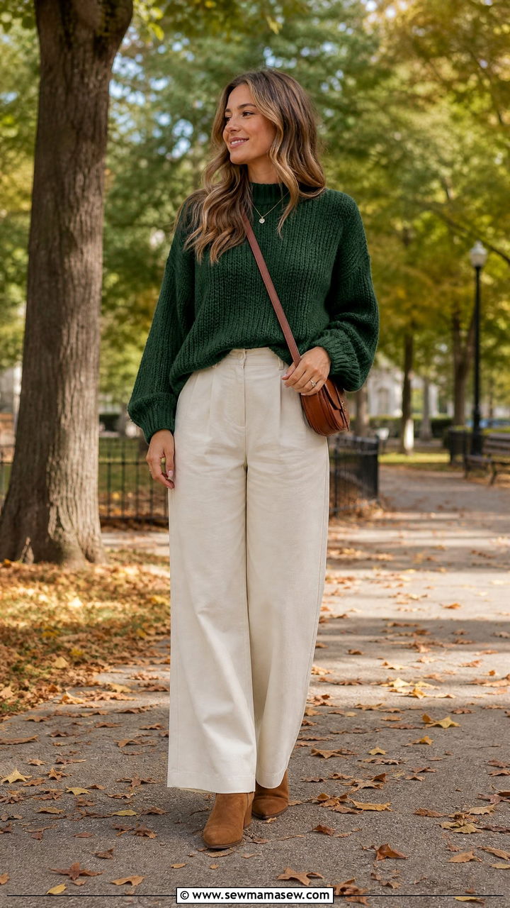 Forest Green Knit Sweater with Cream Wide Leg Pants - 25 Green and cream outfit ideas