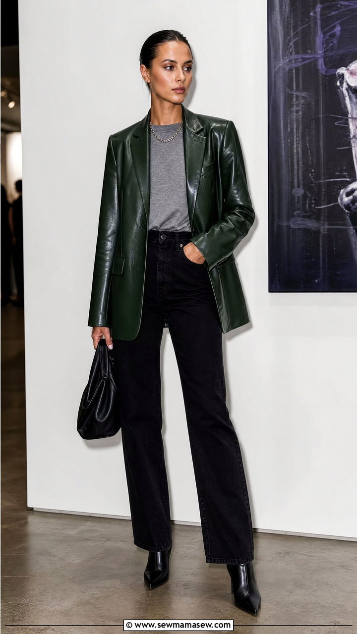 Forest Green Leather Blazer With A Grey T Shirt And Black Jeans - 35 Forest green outfit ideas
