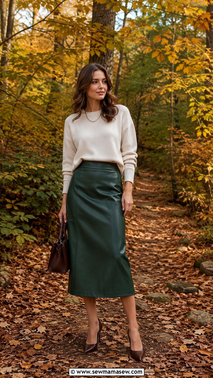 Forest Green Leather Midi Skirt With Cream Sweater And Brown Heels - 30 Leather skirt outfit ideas with heels