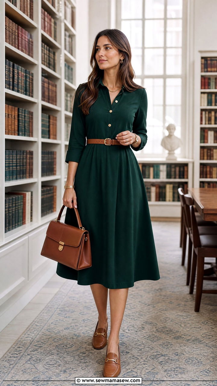 Forest Green Midi Dress With Tan Loafers - 25 Business casual outfits with midi dress