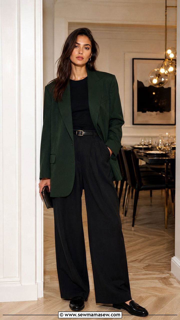 Forest Green Oversized Blazer With Black Tee and Wide Leg Pants - 30 Oversized blazer outfit ideas with a t-shirt