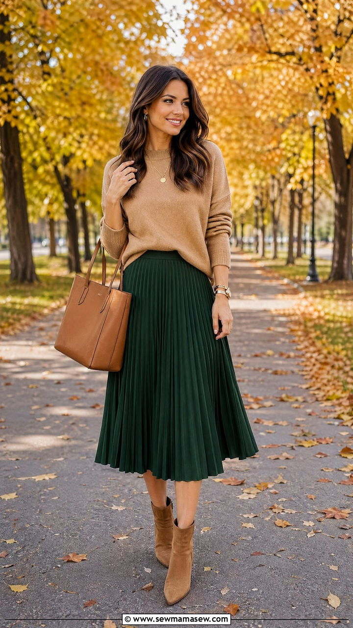Forest Green Pleated Midi Skirt With A Camel Cashmere Sweater - 35 Forest green outfit ideas