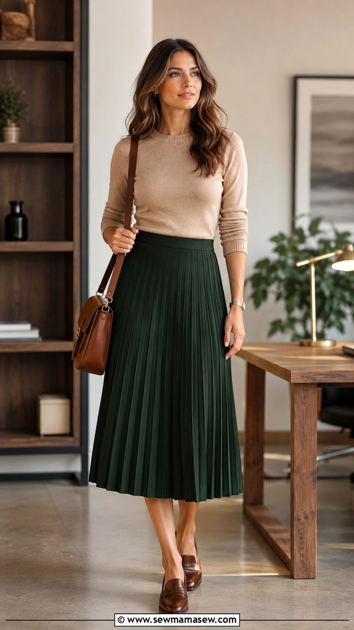 Forest Green Pleated Skirt With Beige Top - 30 Pleated skirt outfit ideas for work