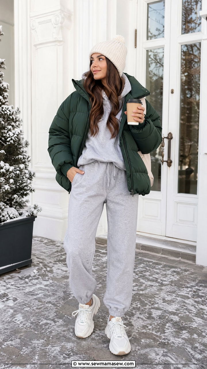 Forest Green Puffer Jacket With Grey Joggers And White Sneakers - 35 Forest green outfit ideas