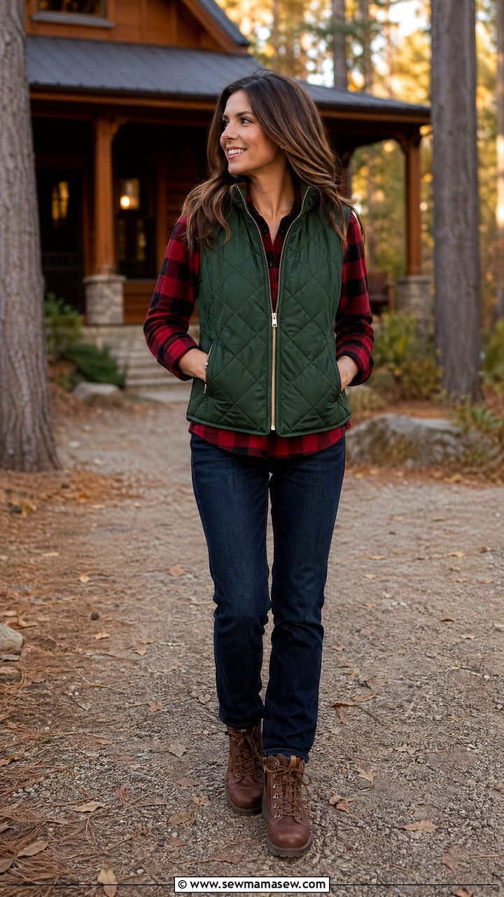 Forest Green Quilted Vest With A Plaid Flannel And Dark Jeans - 35 Forest green outfit ideas