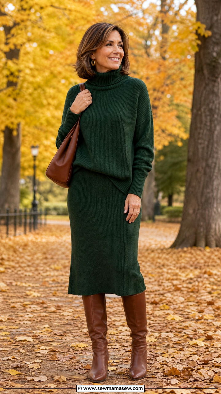 Forest Green Sweater Knit Set With Brown Boots - 30 Matching set outfit ideas for women over 40