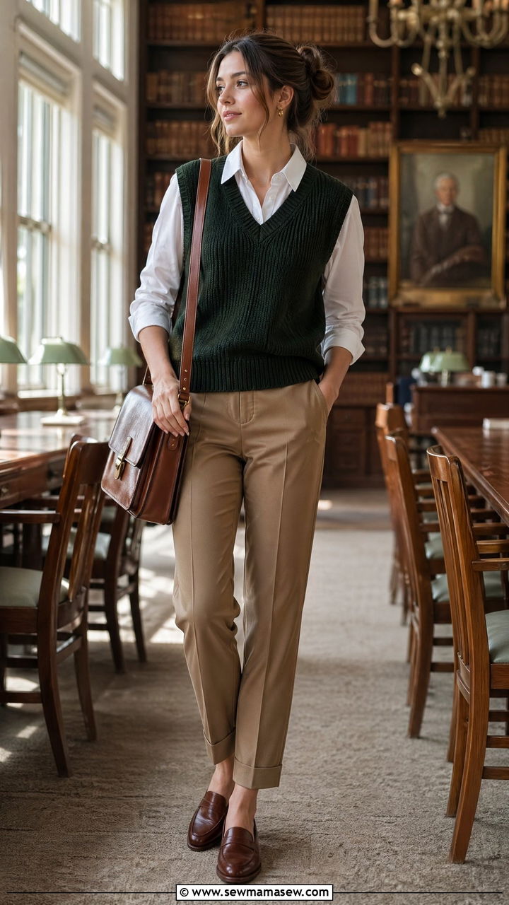 Forest Green Sweater Vest Over A White Button Down Shirt - 35 Forest green outfit ideas