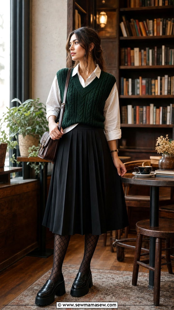 Forest Green Sweater Vest With Pleated Skirt - 25 dark academia outfits aesthetic