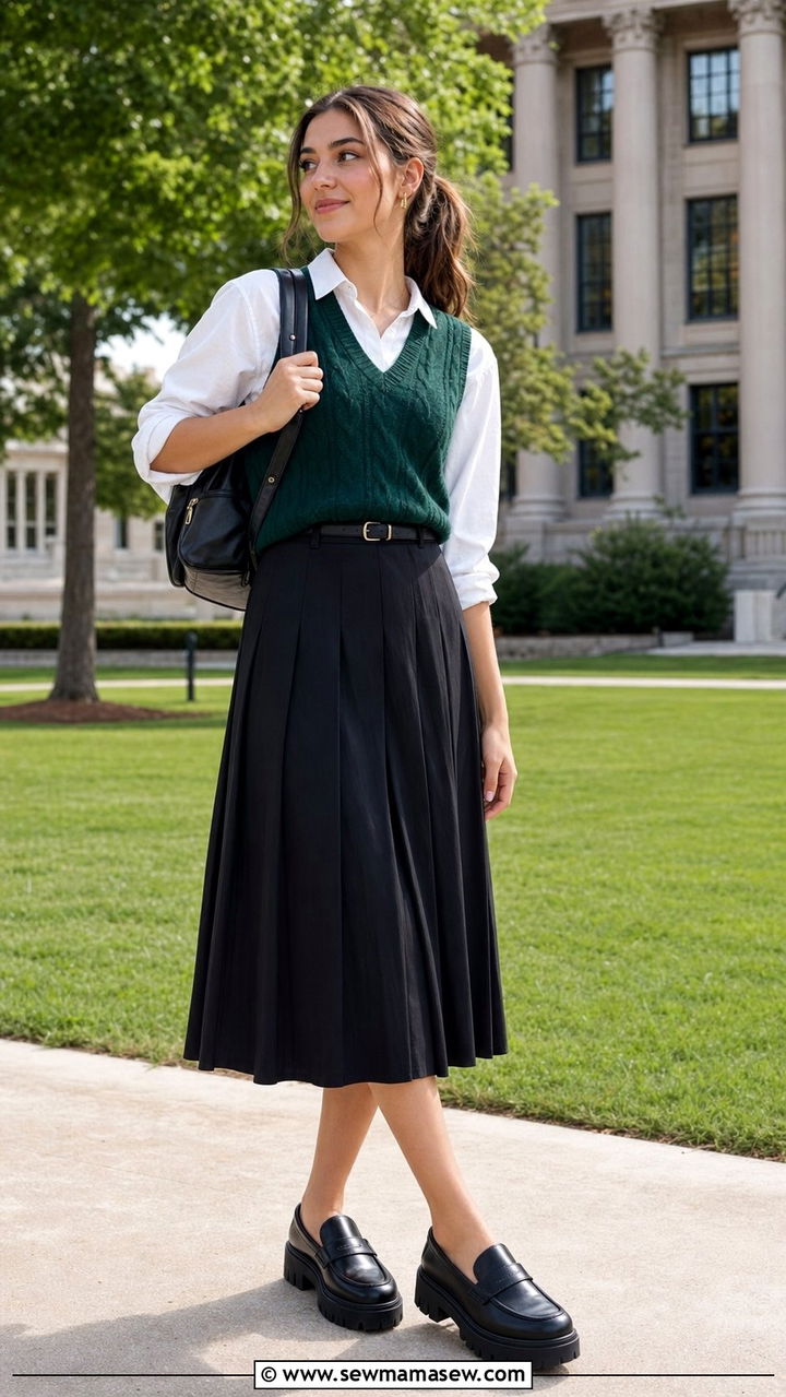 Forest Green Sweater Vest With White Collared Shirt And Black Pleated Skirt - 25 dark academia capsule wardrobe outfits