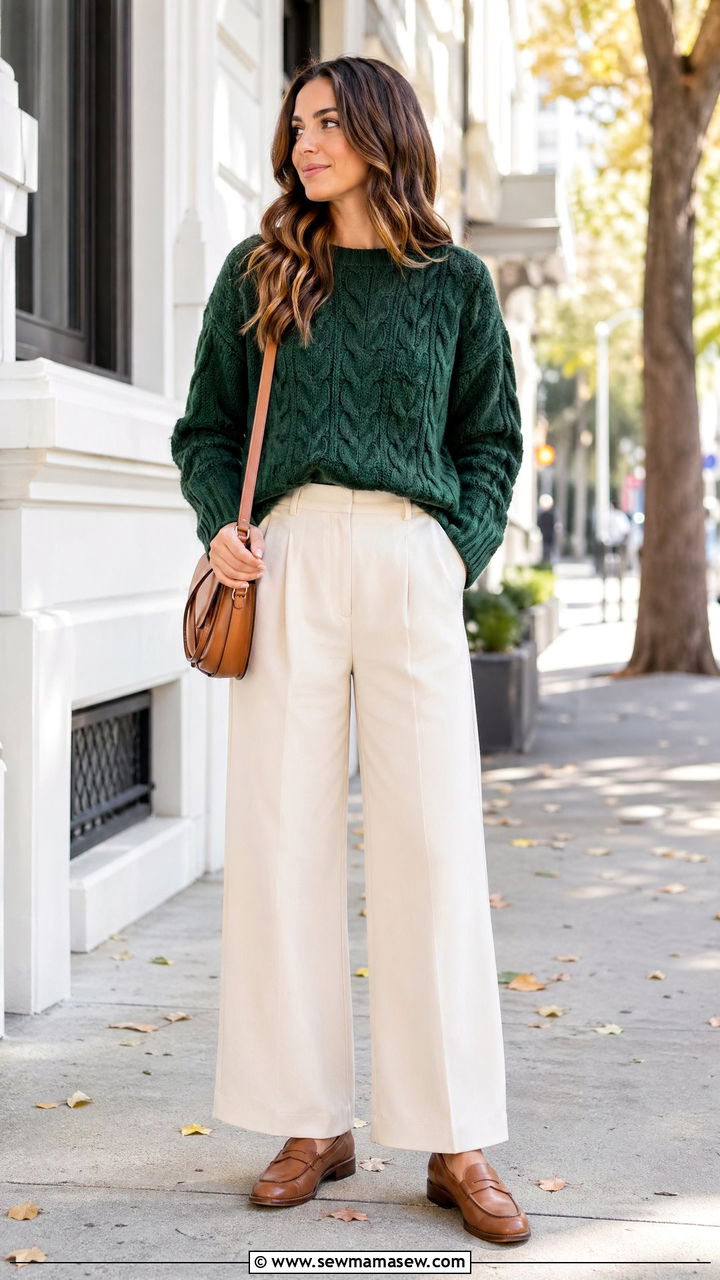 Forest Green Sweater With Cream Wide Leg Trousers - 35 Forest green outfit ideas