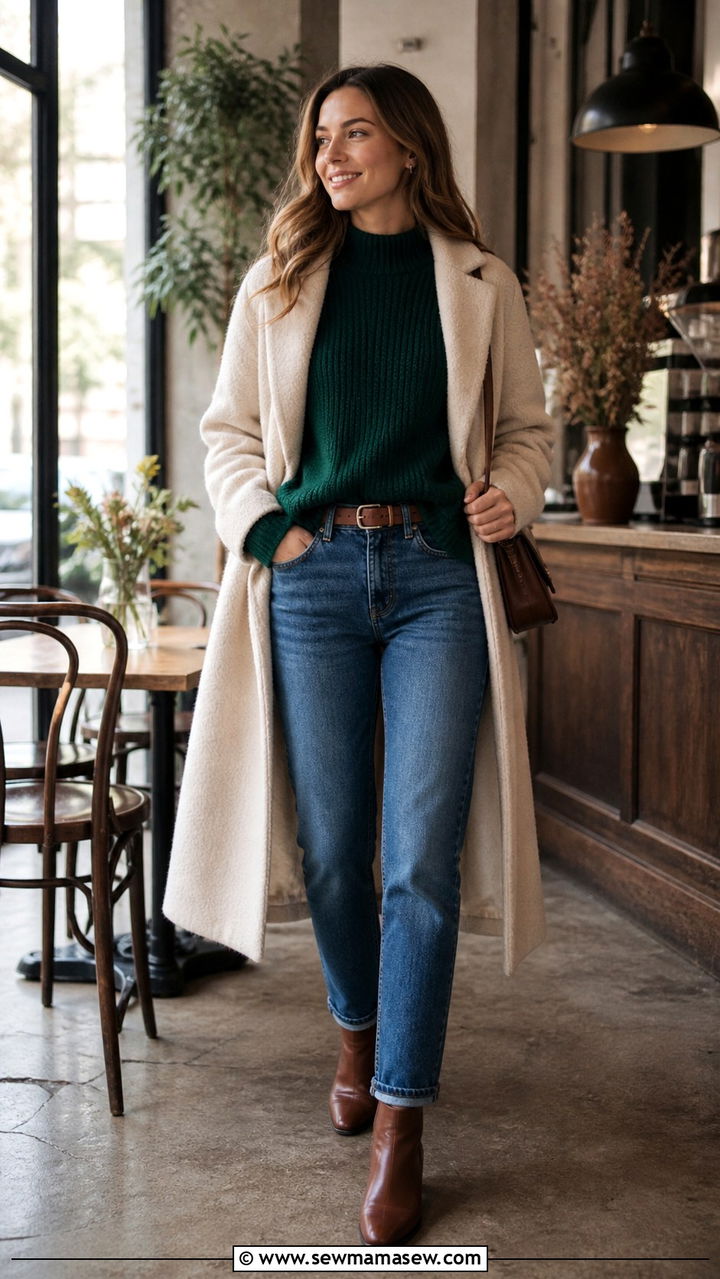 Forest Green Sweater with Blue Jeans - 40 Green outfit ideas