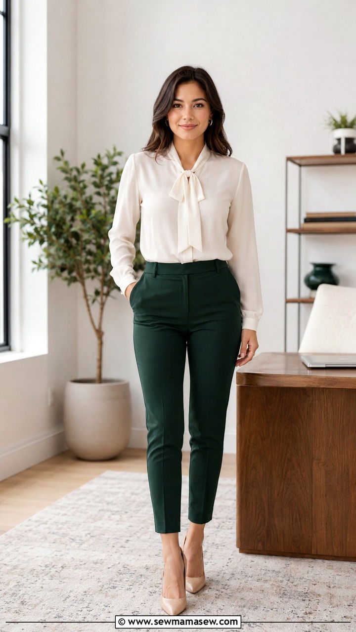 Forest Green Tapered Pants With a Cream Blouse - 25 Petite work outfit ideas with pants