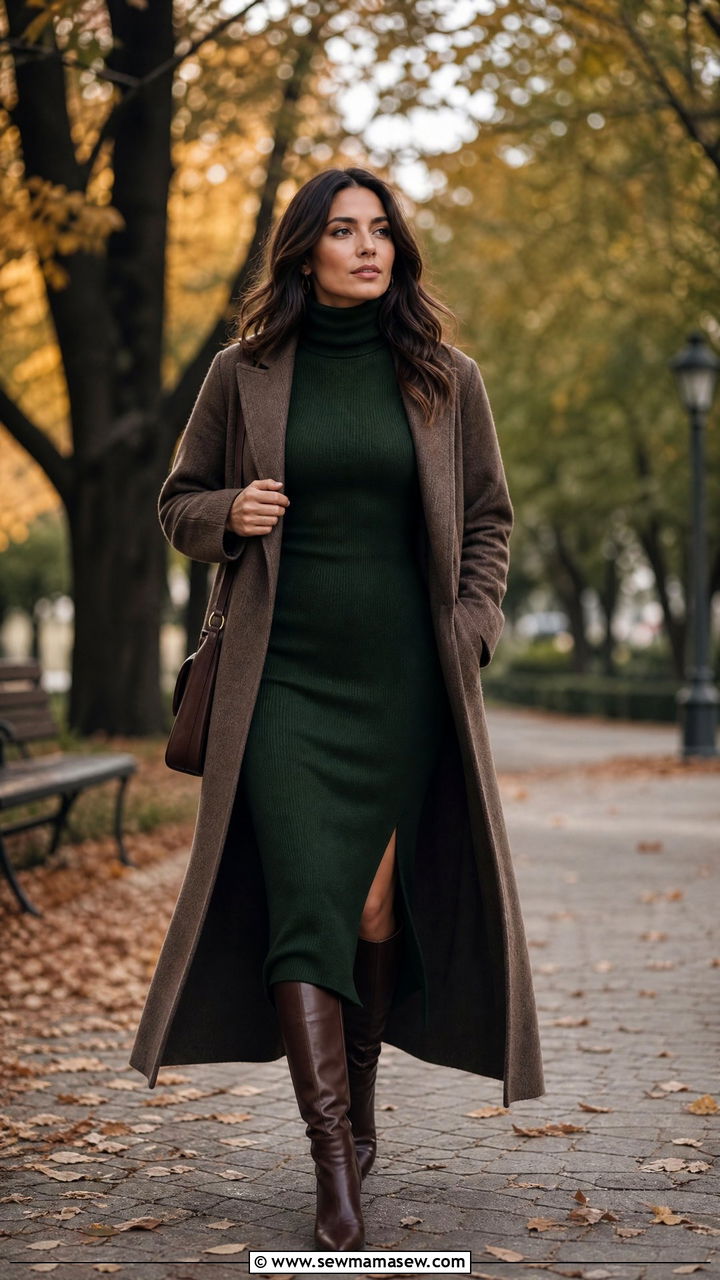 Forest Green Turtleneck Midi With Slit - 30 Festive attire wedding guest outfit ideas