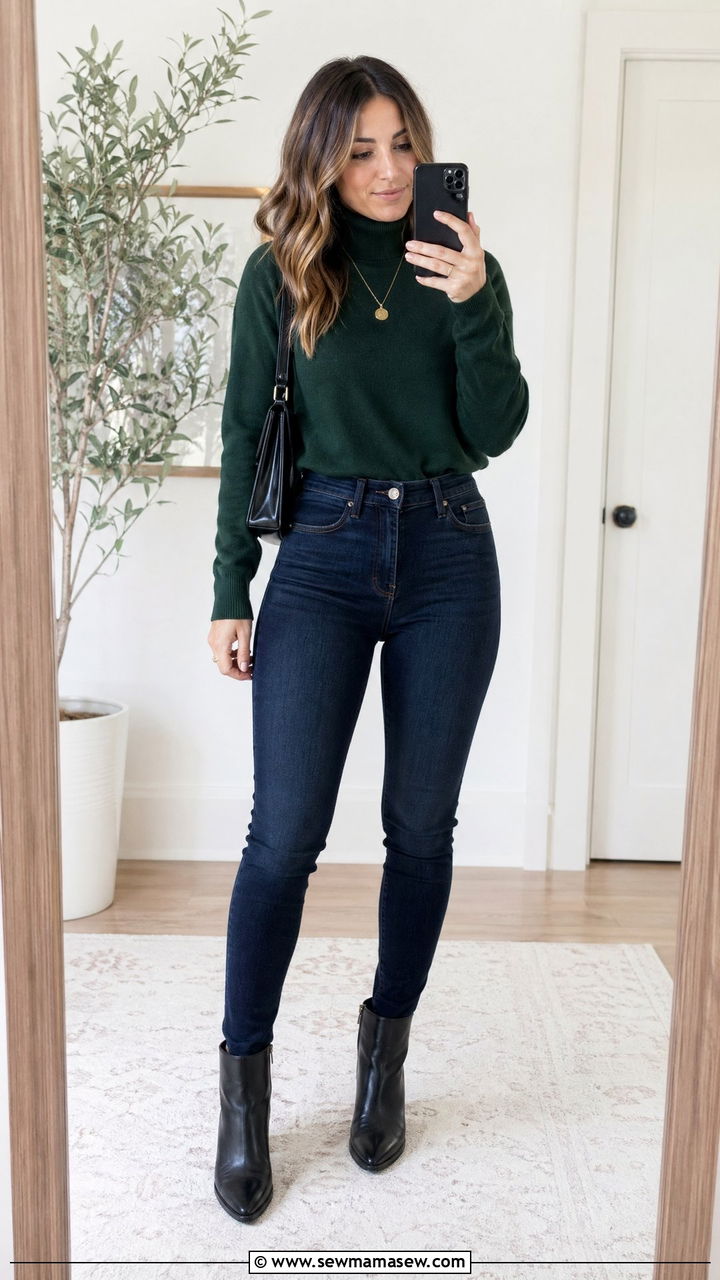 Forest Green Turtleneck With Dark Wash Jeans And Black Ankle Boots - 35 Forest green outfit ideas