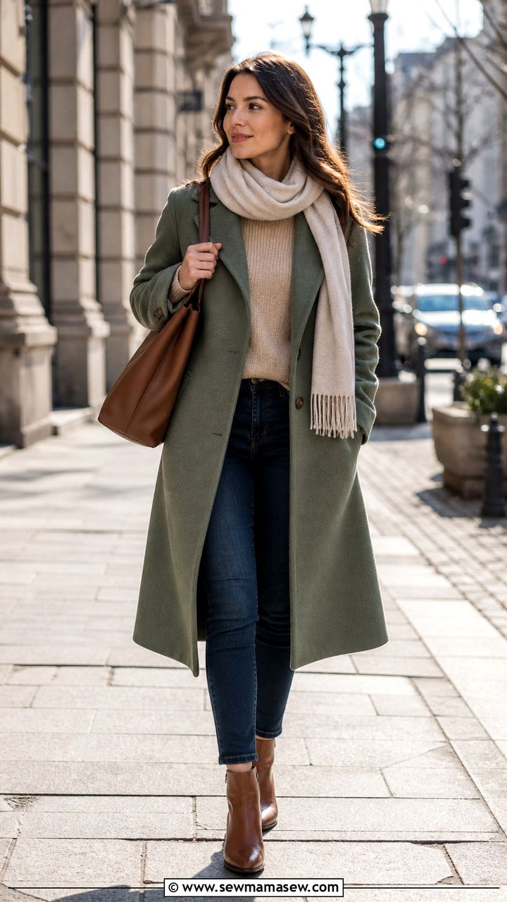 Forest Green Turtleneck with Camel Coat and Jeans - 40 Green outfit ideas