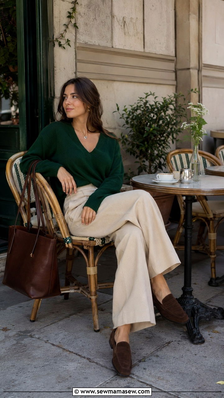 Forest Green V Neck Sweater With Beige Trousers - 30 Old money outfit ideas spring 2026