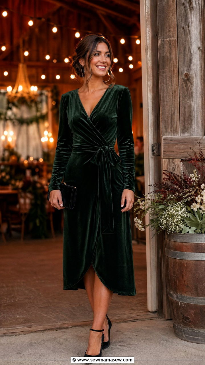Forest Green Velvet Wrap Dress with Ankle Strap Pumps - 35 Evening wedding guest outfits