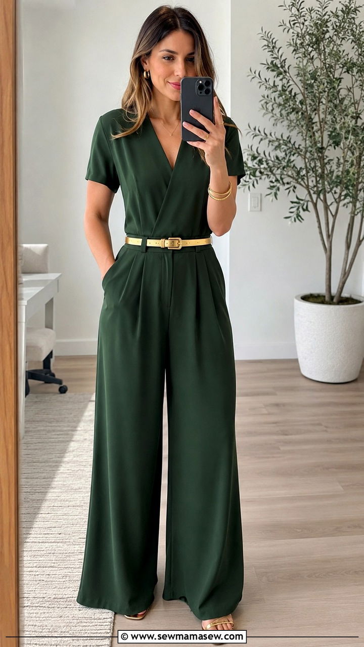 Forest Green Wide Leg Jumpsuit with Gold Belt and Sandals - 30 Green outfit ideas for work