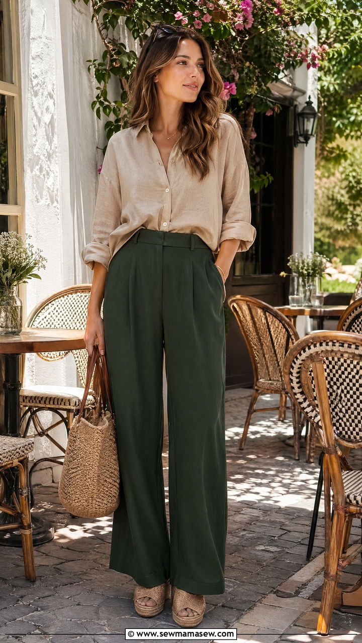 Forest Green Wide Leg Pants With A Beige Linen Blouse - 35 Forest green outfit ideas