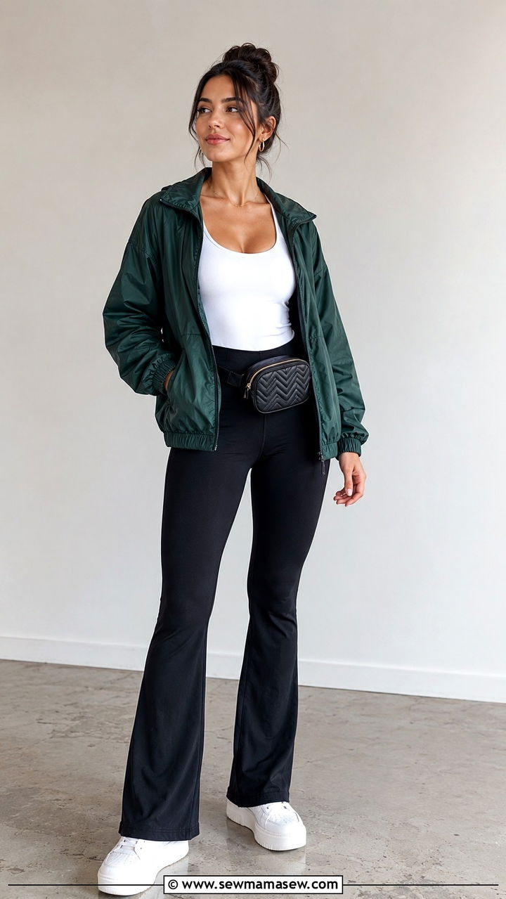 Forest Green Windbreaker With Black Flared Leggings Outfit - 25 windbreaker outfits aesthetic