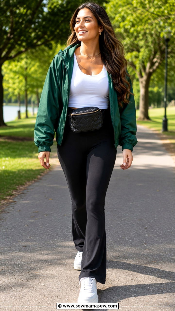 Forest Green Windbreaker With Black Flared Leggings - 25 windbreaker outfits 2026