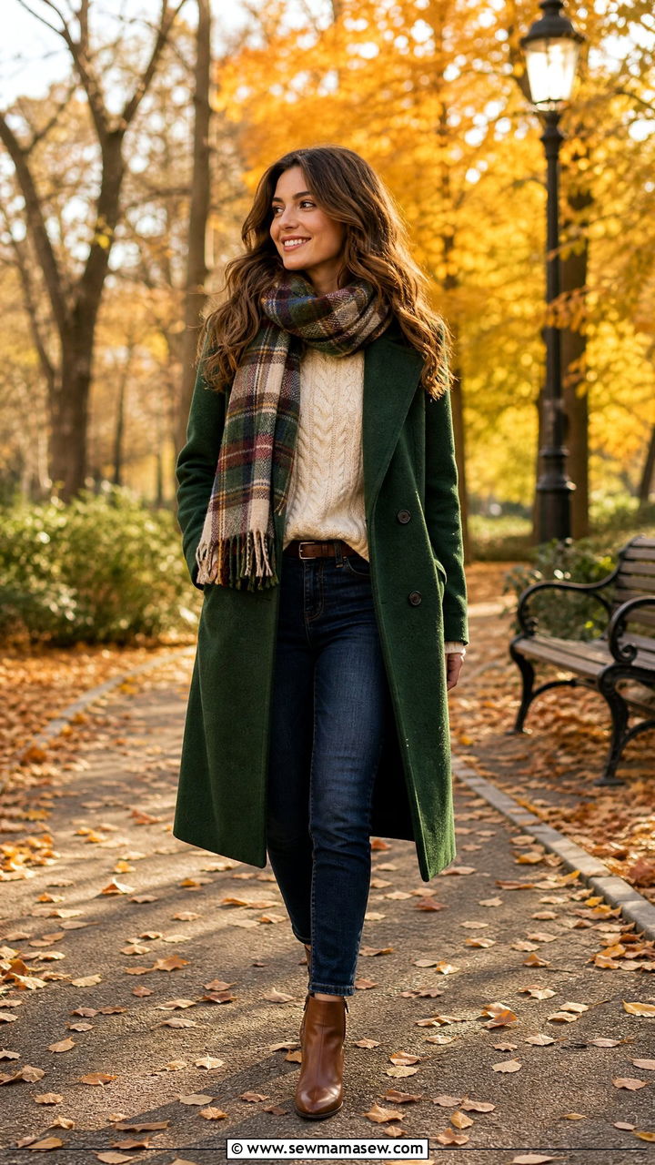 Forest Green Wool Coat over a Cream Sweater and Jeans - 25 Green and cream outfit ideas