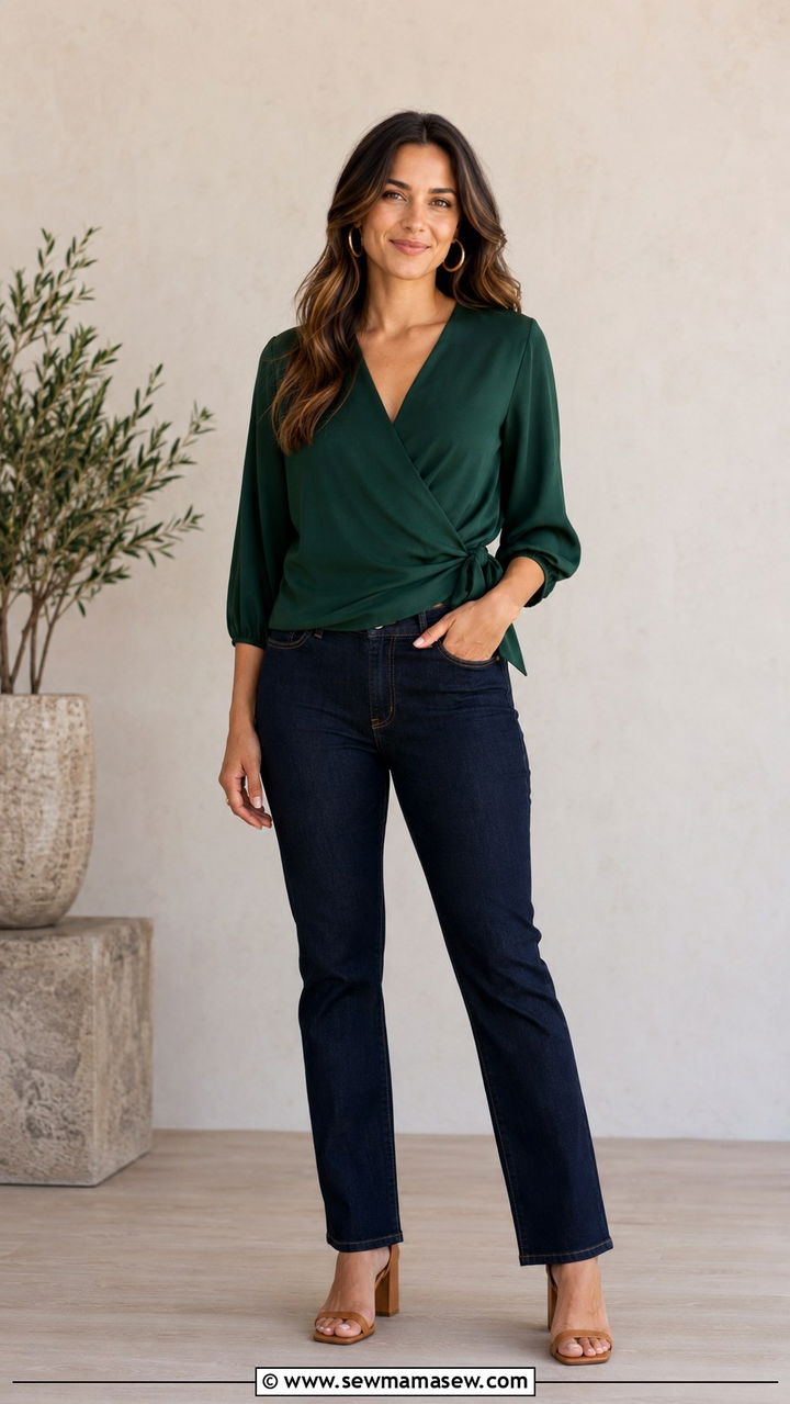 Forest Green Wrap Blouse and Dark Jeans - 30 Professional headshot outfit ideas for women