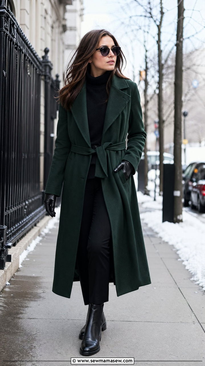 Forest Green Wrap Coat Over All Black Layers - 35 Forest green outfit ideas