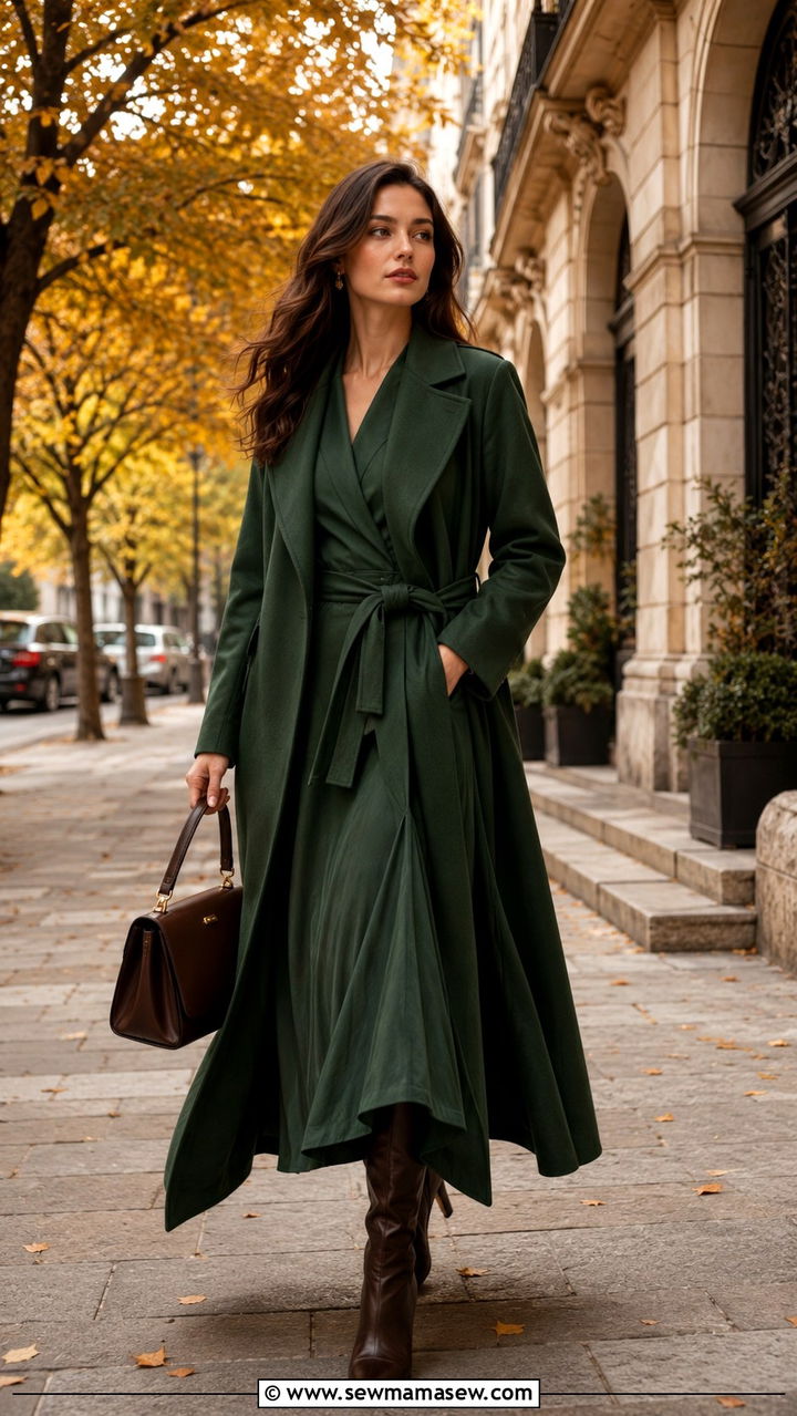 Forest Green Wrap Coat Over Matching Maxi Dress - 30 Opera outfit ideas