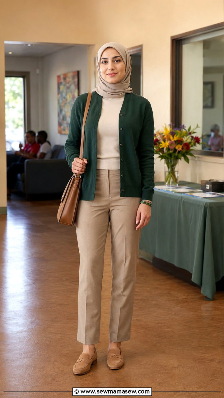 Forest green cardigan set with a beige tank and khaki trousers - 30 modest job interview outfit ideas