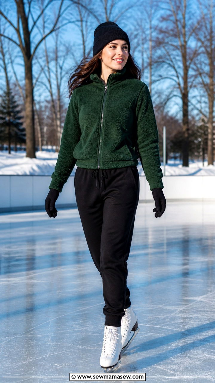 Forest green fleece jacket and black joggers skating outfit - 40 Ice skating outfit ideas