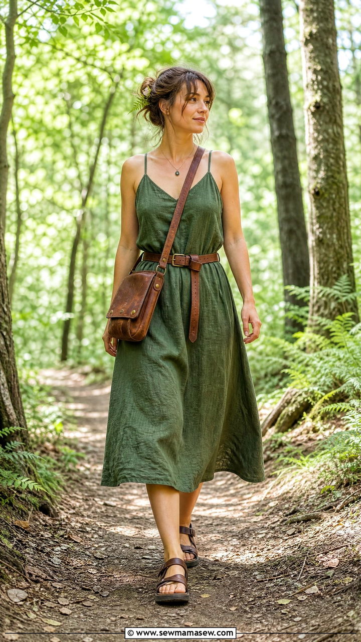 Forest green linen dress with brown leather satchel and hiking sandals - 30 Goblincore outfit ideas