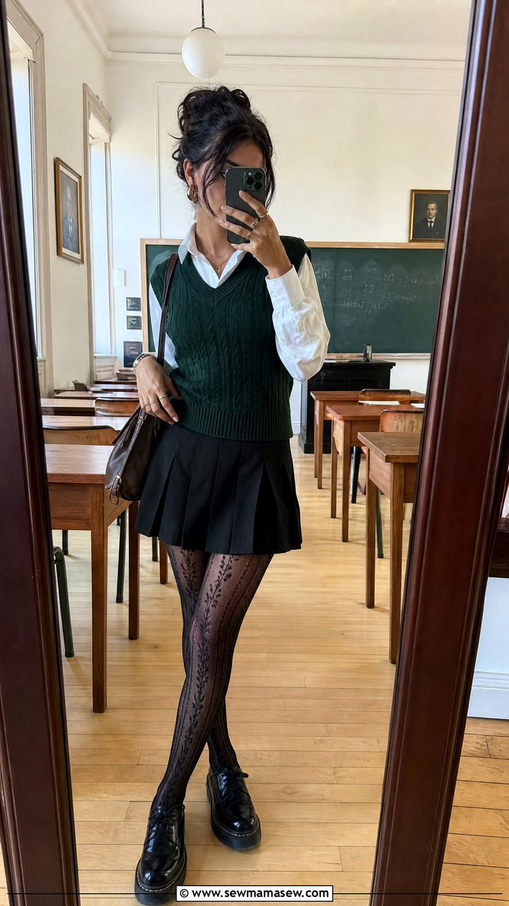 Forest green sweater vest and pleated skirt - 30 Dark academia school outfits