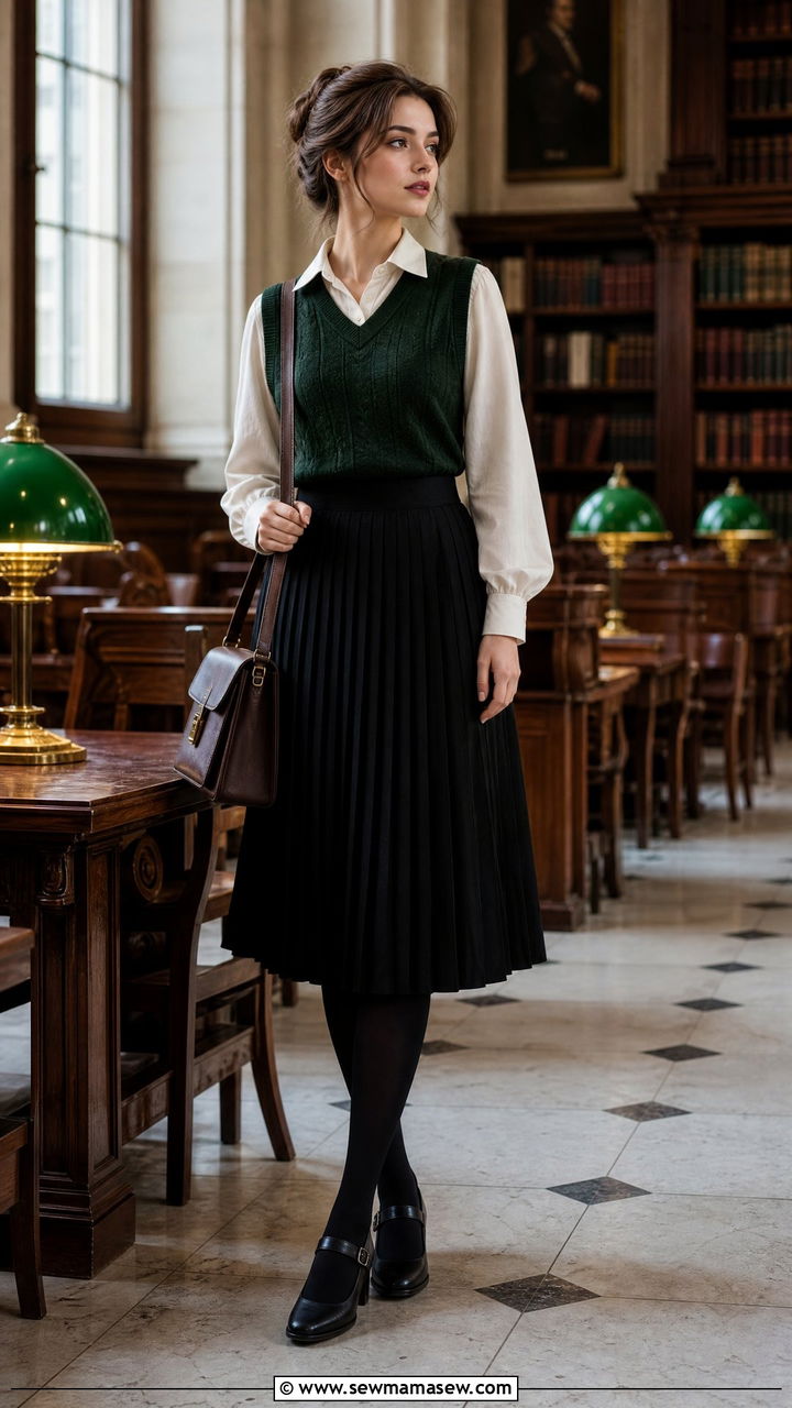Forest green sweater vest and pleated skirt outfit - 30 dark academia outfits ideas