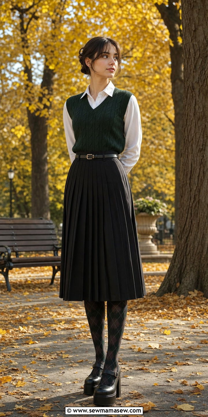 Forest green sweater vest and pleated skirt - 25 dark academia outfits inspo